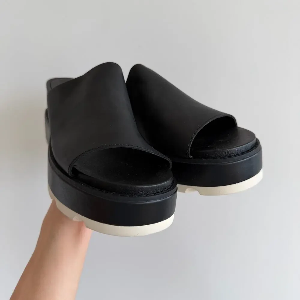 Sorel Joanie IV Slide Leather Open-Toe Wedge Sandals Black 10